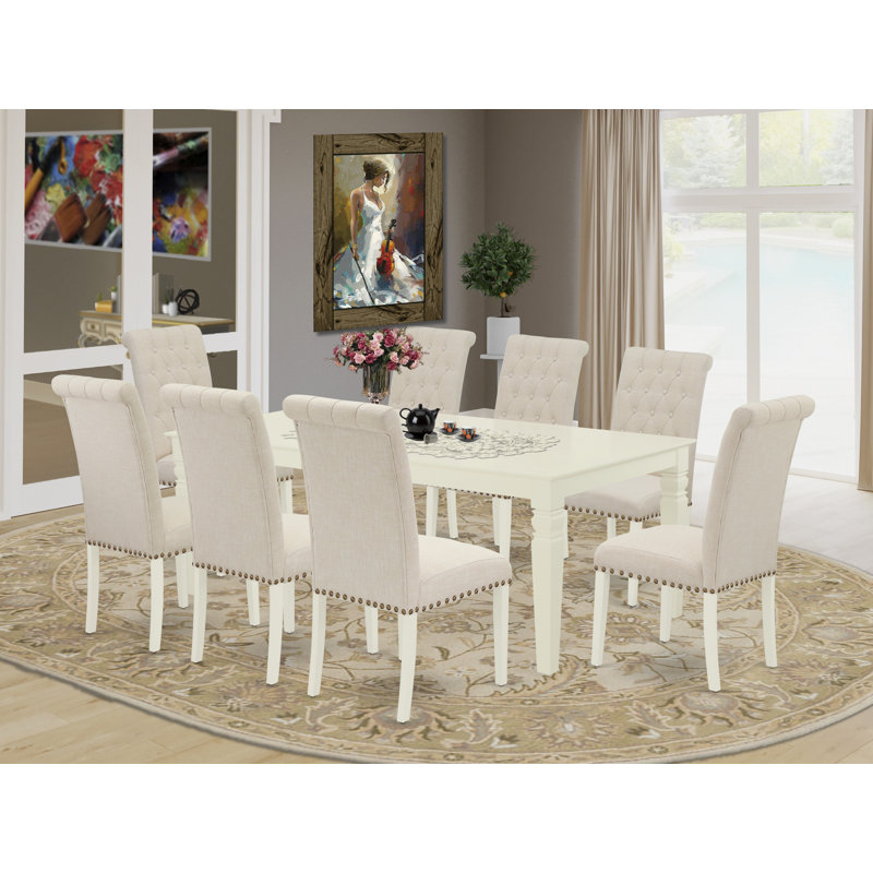 Ensemble de salle à manger 9 pièces comprenant une table de cuisine rectangulaire avec rallonge papillon et 8 chaises rembourrées en tissu beige clair, 42 x 84 pouces, blanc lin