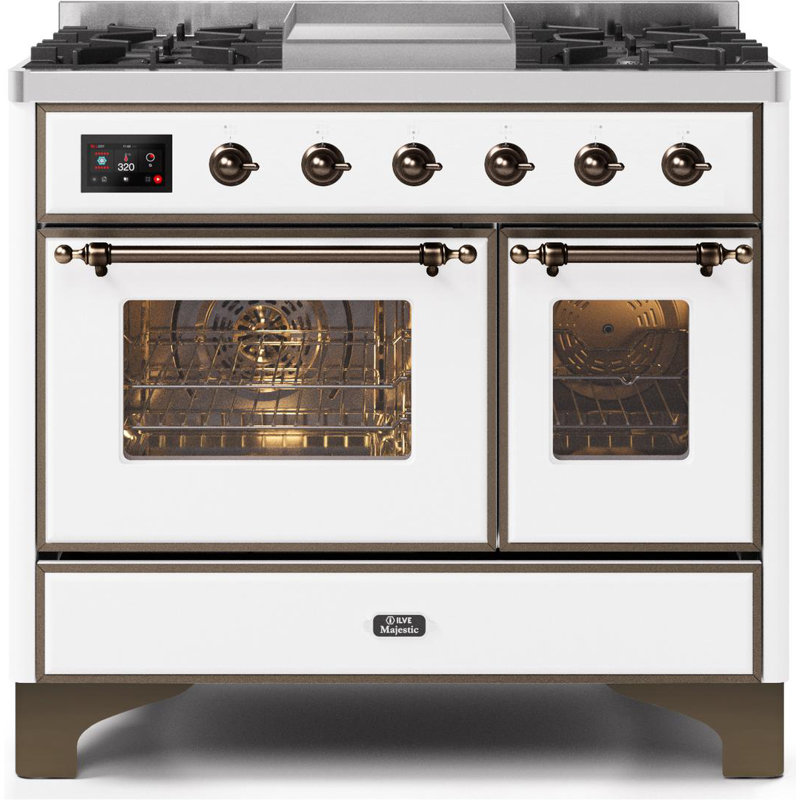 ILVE Majestic II Series 40 inch Dual Fuel Range with 6 Sealed Burners, Griddle (Glass Door), Natural Gas, White/Bronze