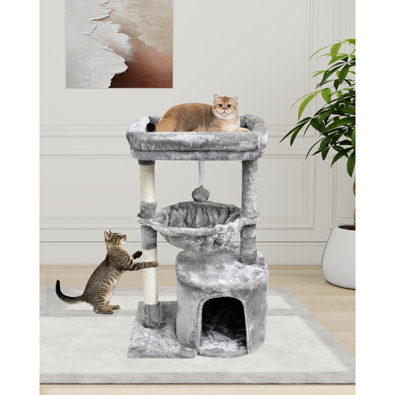 Arbre à chat pour chats d'intérieur, tour pour chat avec poteau à griffer, maison pour chat moderne avec perchoir rembourré, maisonnette pour chatons avec berceau, gris