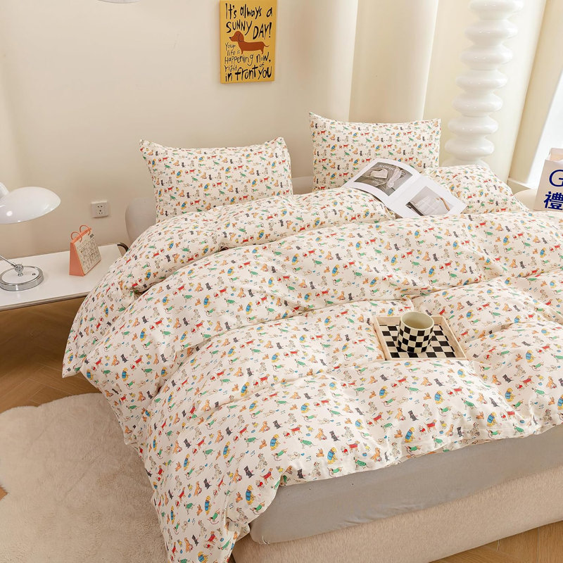 3 PCS Cartoon Cute Dogs Duvet Cover Ultra Soft & Breathable Comforter Cover, King Duvet Cover + 2 Shams