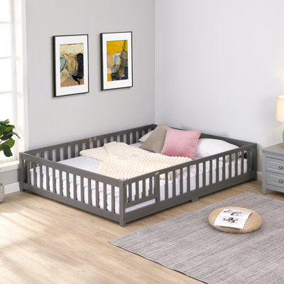 Twin Size Floor Bed with Door, Platform Bed Frame with Fence,Suitable for children, Wood,Grey