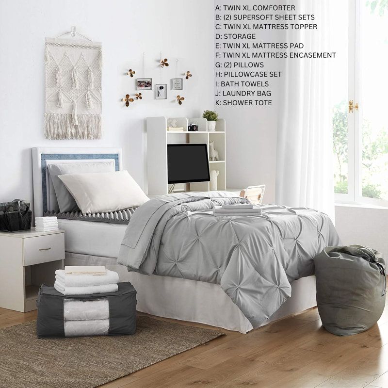  14 Piece Ultimate College Dorm Bedding Bundle, Glacier Gray