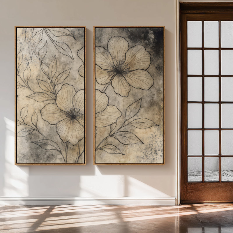 Vintage Botanical Floral Sketch Art for Living Room - Set of 2 Framed Wall Art Print on Canvas 60"x20"x2pcs, 60"x30"x2pcs