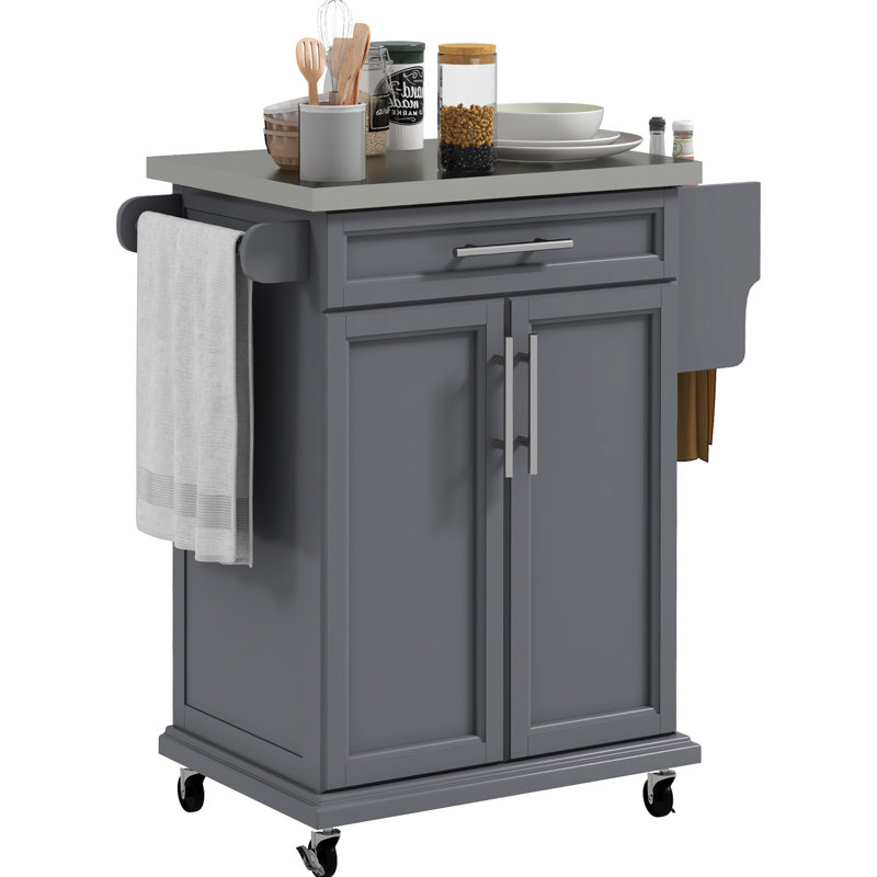 Kitchen Island Storage Trolley With Stainless Steel Counter, Drawer, Towel Rack, Spice Shelf In Gray Rolling Trolley, Countertop, Rack -