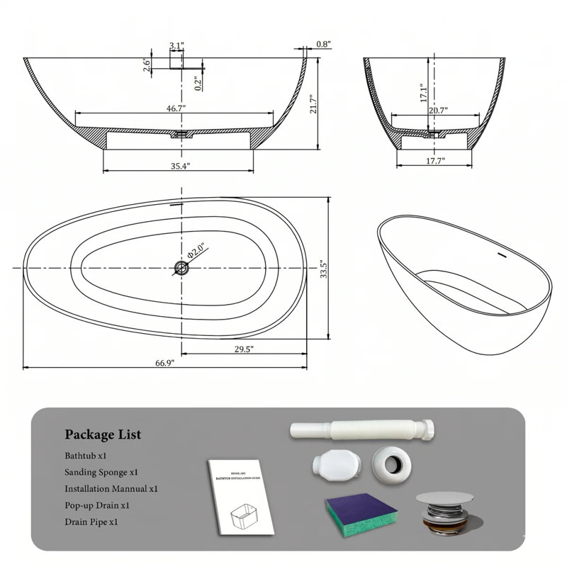 Baignoire de trempage extérieure autoportante à surface solide de 67 po, conception en forme d'œuf avec finition de texture béton, baignoire moderne en résine de pierre