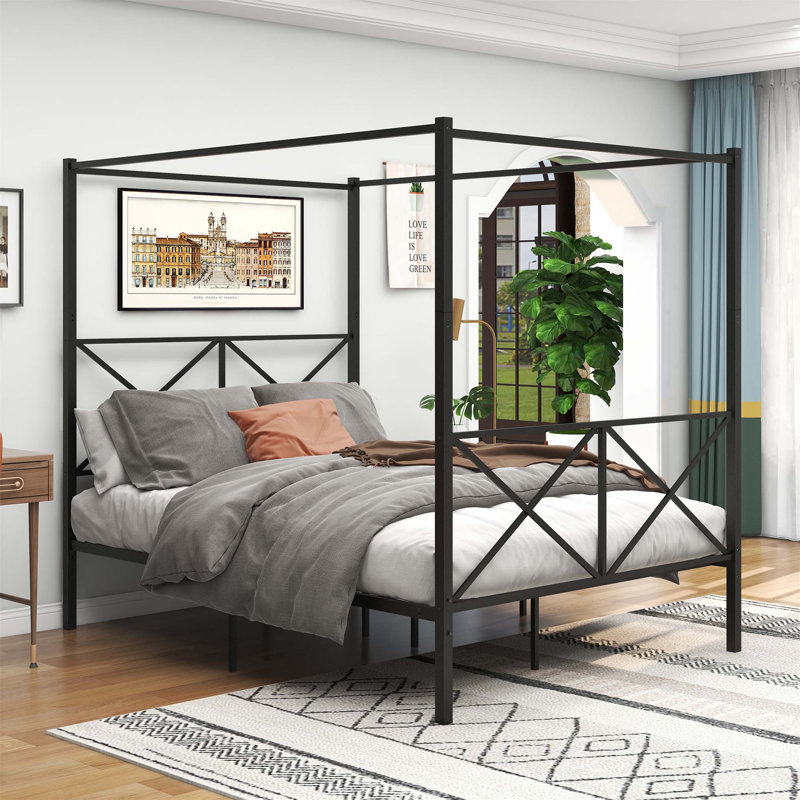Elanny Four Poster Bed Metal Canopy Bed Frame, Platform Bed Frame with X Shaped Frame, Queen