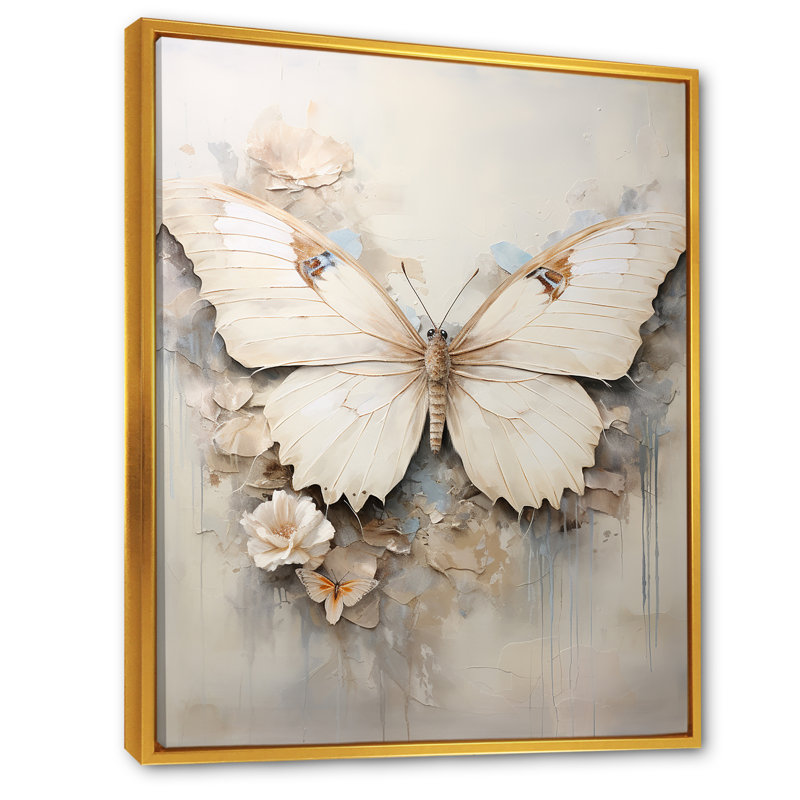 Minimalisme, papillon beige - art mural papillon, Cadre flottant doré, H 20 po x l 12 po x P 1 po