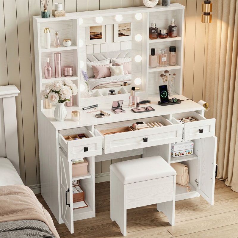 43" White Farmhouse Makeup Vanity Desk With Led Lighted Mirror, Charging Station, 3 Drawers, Storage Shelves And Stool