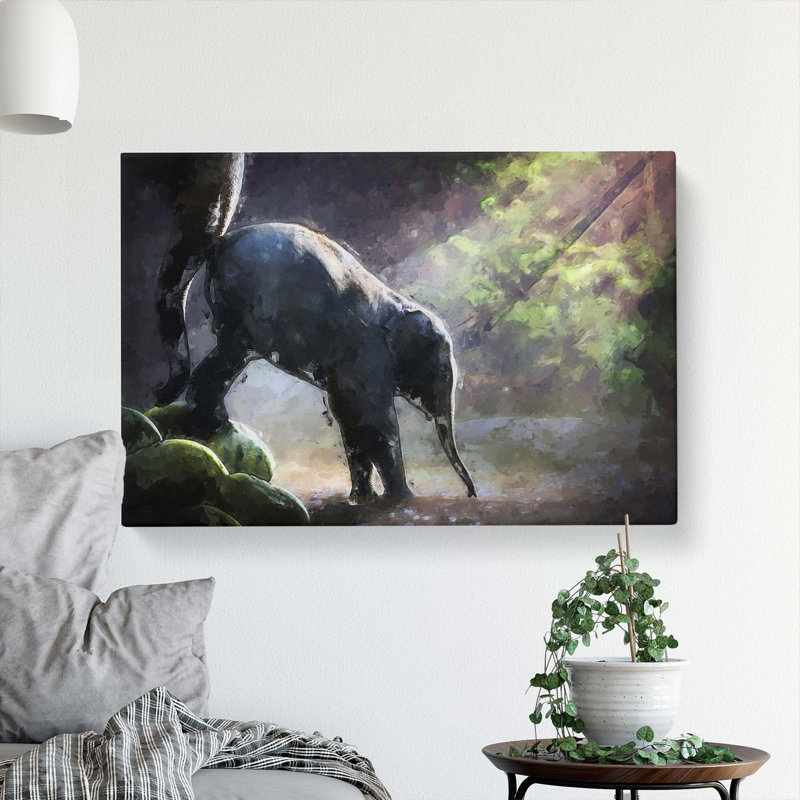 Mother Elephant Encouraging Baby In Abstract - Wrapped Canvas, 60cm H x 91cm W x 3cm D