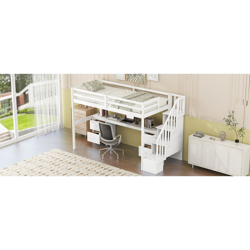 Structure de lit mezzanine simple avec bureau et tiroirs doubles en bois de pin massif blanc pour une chambre à coucher exquise