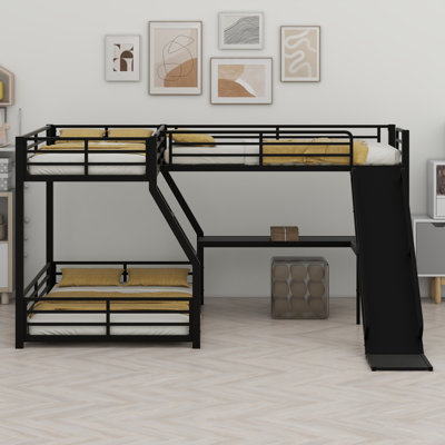 Lit superposé en L avec lit mezzanine, lit superposé triple en métal avec glissade et ports USB