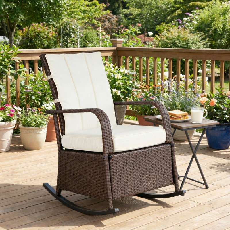 Fauteuil inclinable et berçant en rotin d'extérieur, Coussin blanc/ Cadre brun