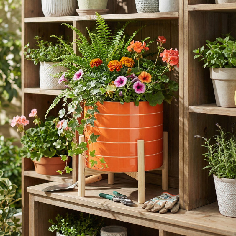 Pot de fleurs d'extérieur en céramique brillante sur support pour décoration intérieure - Pot de fleurs moderne et contemporain pour le salon ou le patio - Orange