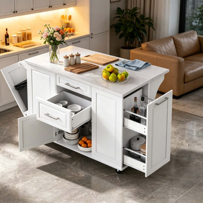 Rolling Kitchen Island Cart with Drop Leaf Countertop, Hidden Trash Compartment & Pull-Out Storage Organizer