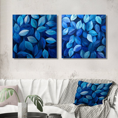 Cobalt Leaves In Moon Light Collage I - Leaves Wall Art - Traditional Wall Art Canvas 2 Piece