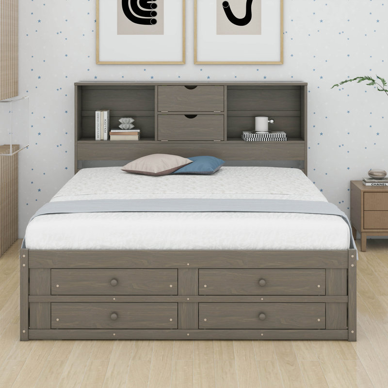 Lit plateforme avec tête de lit et tiroirs de rangement, Gris, Très grand lit