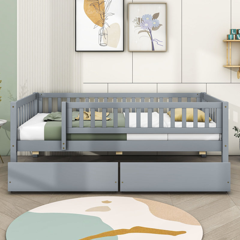 Lit en bois avec deux tiroirs, gris, Simple