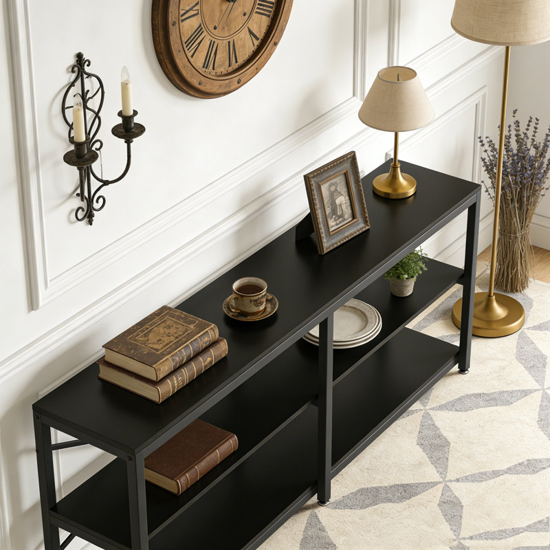 3-Tier Console Table Long Foyer Sofa Table with Storage Shelves, Black