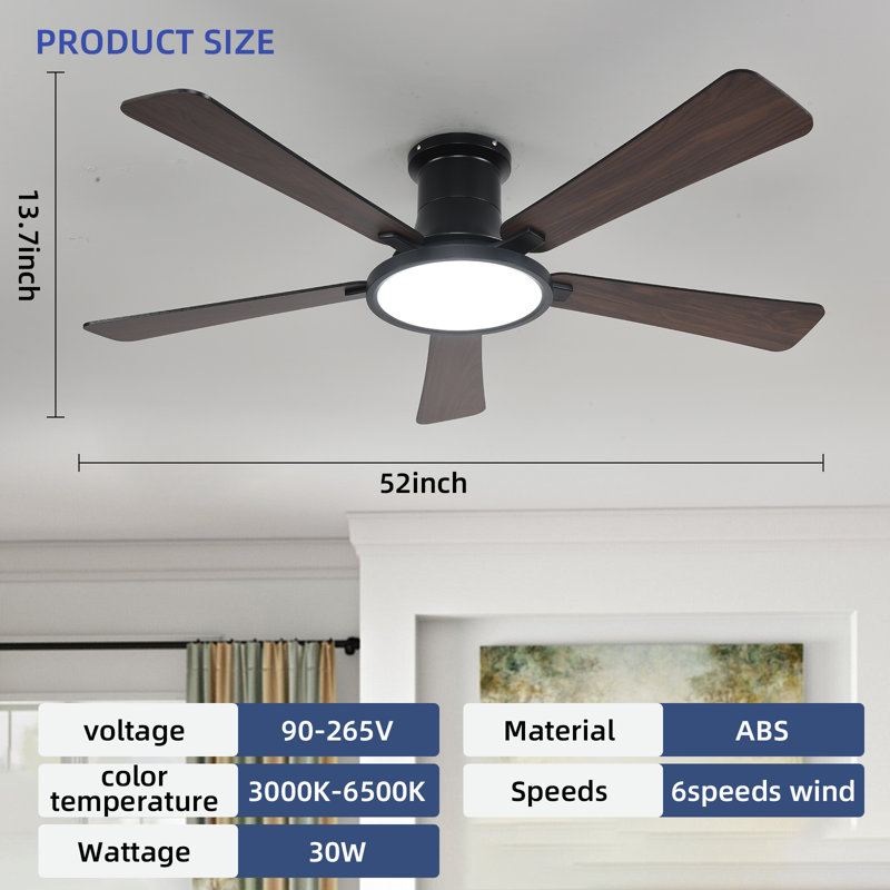 Ventilateur de plafond encastré noir intérieur / extérieur à DEL à intensité variable de 52 po avec éclairage et télécommande, 6 vitesses CC réversible sans bruit