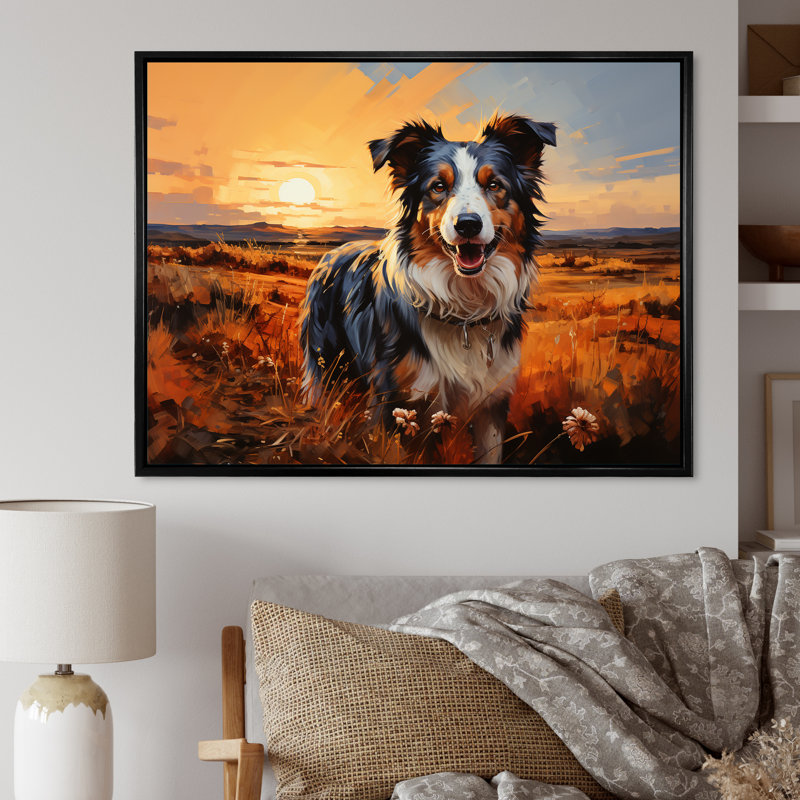 Border collie marchant sous Golden Horizon - impression, H 16 po x l 32 po x P 1 po, Cadre flottant noir