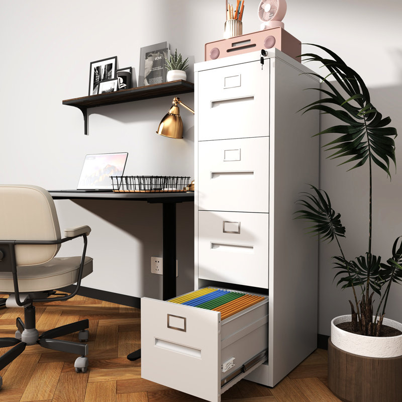 4 Drawer Vertical Filing Cabinet, A4/legal/letter Storage, Steel, Tilting Mechanism, Noiseless Slides, White