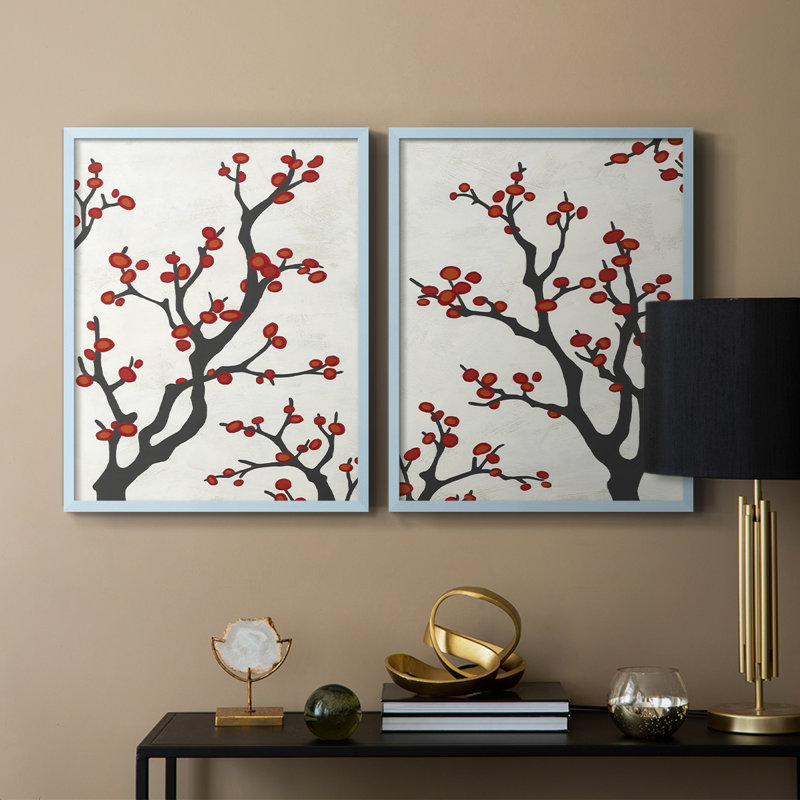 «Red Berry Branch I», reproduction encadrée de qualité supérieure - prête à être accrochée - aucun clou requis - aucun clou requis