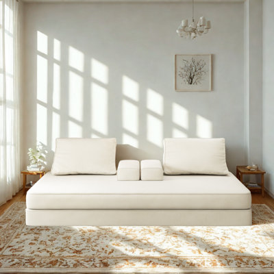 86.6"Multifunctional Convertible Sofa Bed With 2 Removable Backrests And 2 Pillows,Fuffy Chenille Fabric Sofa,Chaise Lounge,Game Pad,DIY Modern Upholstered Couch,Deep Seat Couch For Living Room,Office, Beige.