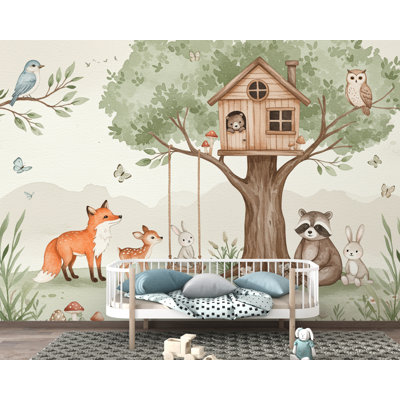Papier peint aquarelle Whimsical Woodland | «Treehouse Forest Animals», art mural | Décoration murale de chambre de bébé | Chambre de bébé chambre d'enfant Woodland (non tissé) 167DRE
