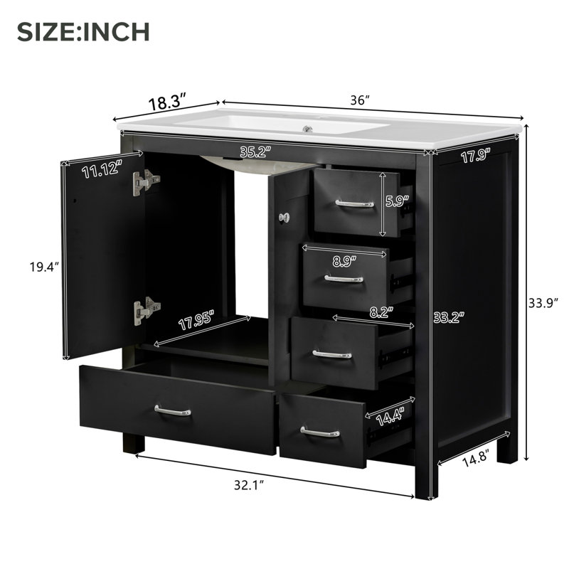 Meuble-lavabo 36 po avec lavabo en céramique et 5 tiroirs, Noir
