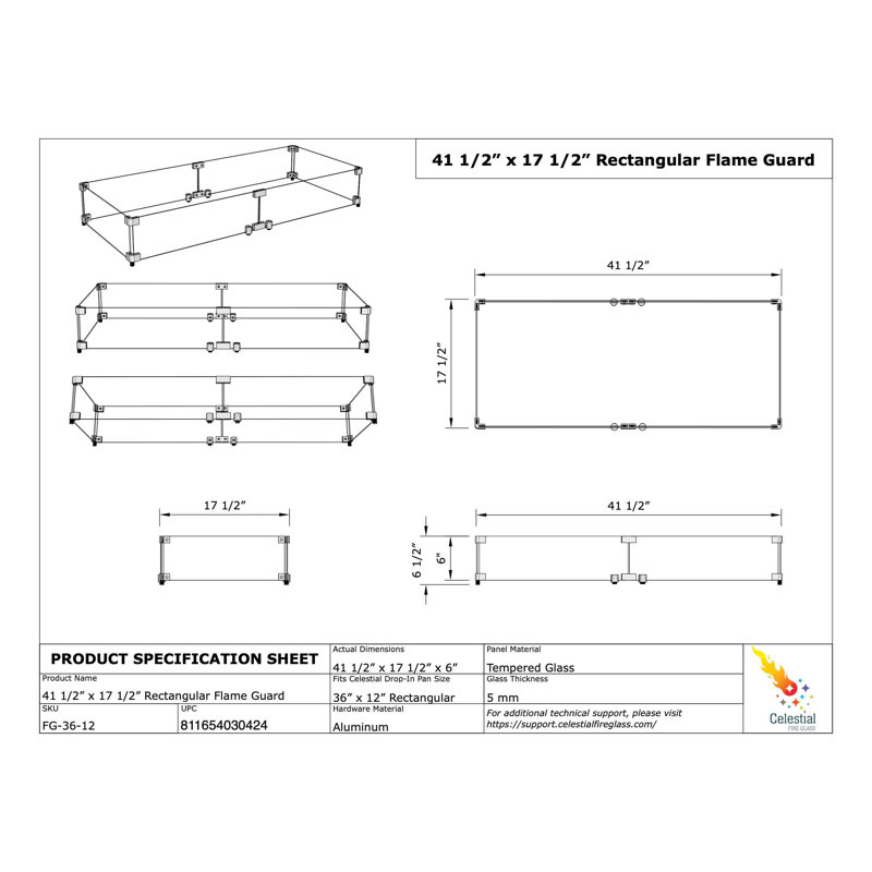 Rectangle Fire Pit Wind Guard , 41" W x 17" D x 6" H