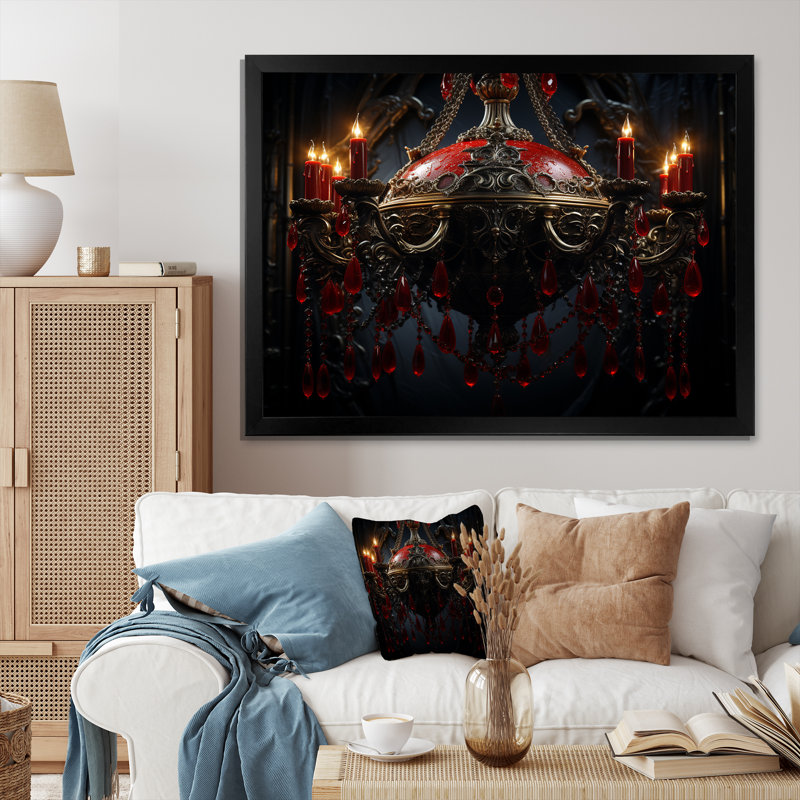 «Red Gothic Luminary Grace» - lustre, art mural, Cadre d'angle fermé noir, H 30 po x l 40 po x P 1,5 po