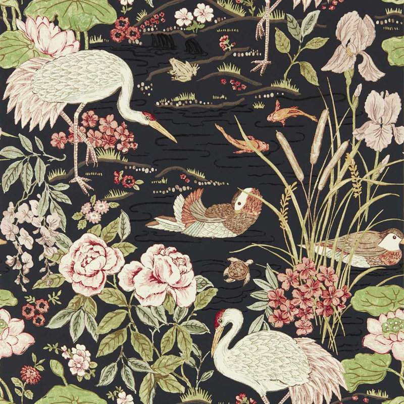Crane & Frog Wallpaper, Ink Black/Multi