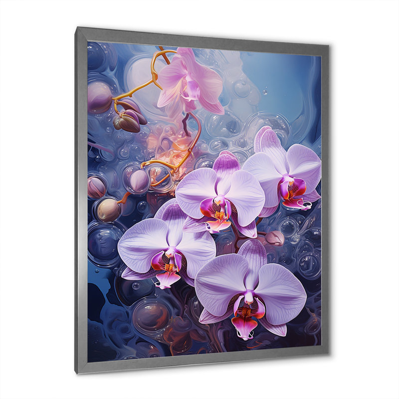 Collage d'orchidées mauves sur toile, H 32 po x l 24 po x P 1 po, Cadre photo argenté