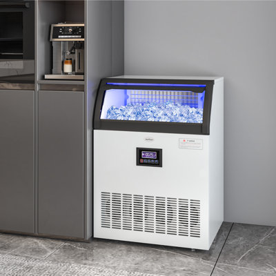 Machine à glaçons commerciale Sunvivi, machine à glaçons de 265 lb / 24 h avec bac de rangement de 55 lb, machine à glaçons sous le comptoir en acier inoxydable pour restaurant, maison, bars, filtre à eau inclus, pelle, tuyau de raccordement