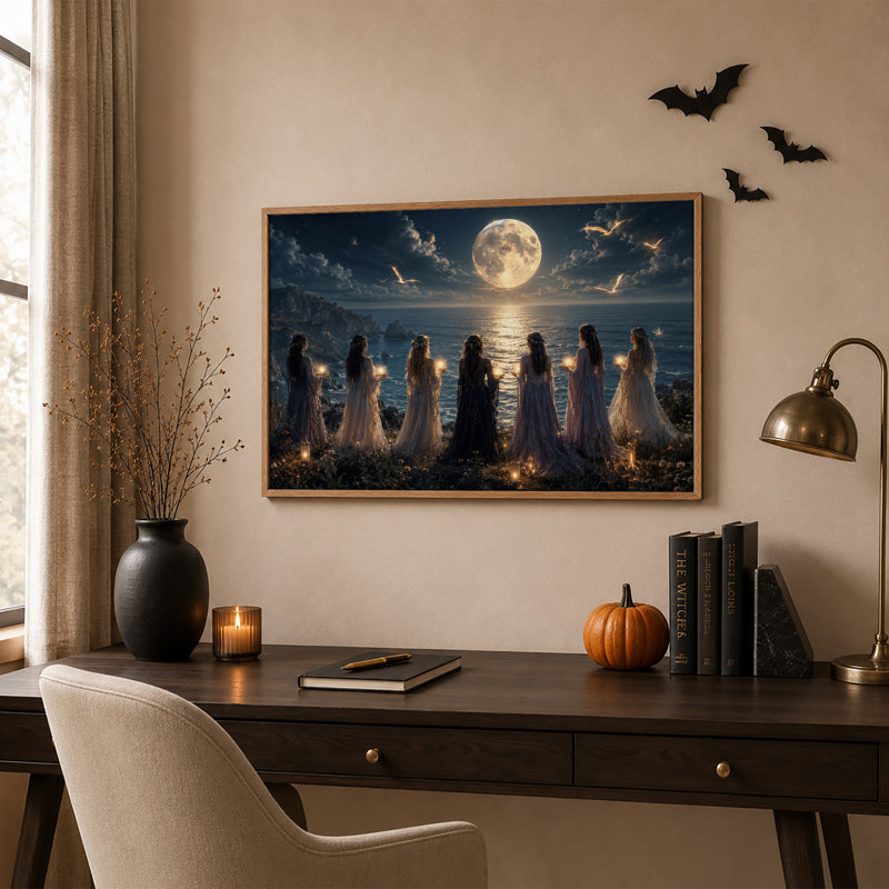 Sept femmes en robes tenant des bougies sous une toile murale d'Halloween, 18"H x 24"W