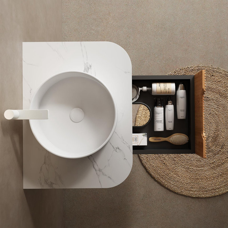 Meuble-lavabo mural Staffard avec lavabo en marbre artificiel, Bois naturel