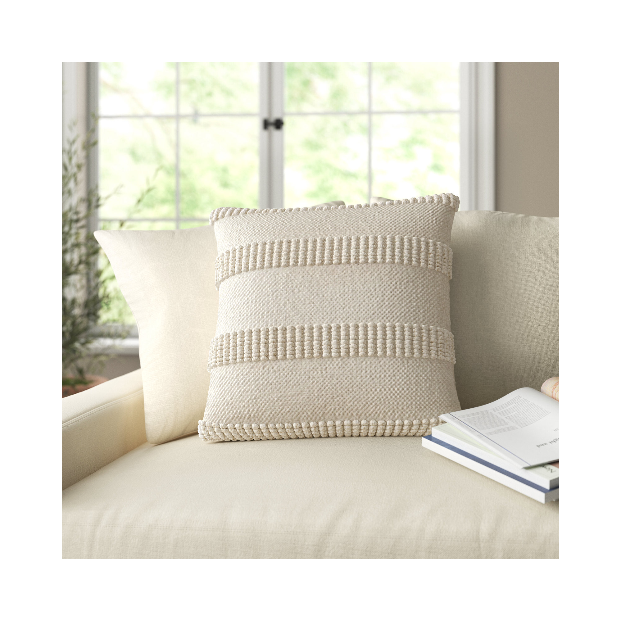 Fernan Striped Throw Pillow, Pillow Cover Only - No Insert, 18"H x 18"W, Beige/Off White