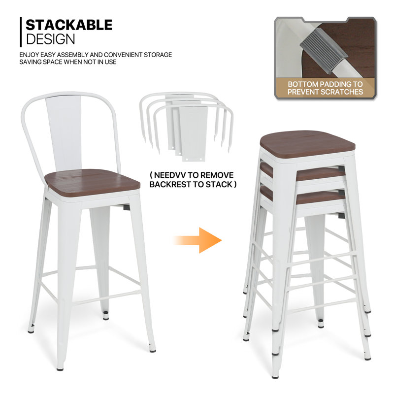 Johntell Metal Dining Chair Counter Height Chairs Stackable Barstools Wood with Removable Backrest, White Cream