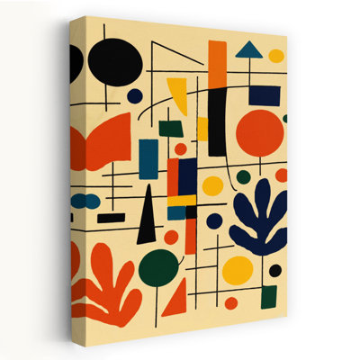 Impression d'art mural représentant un paysage géométrique abstrait coloré de style Mid-Century, inspiré par les formes colorées et la nature.