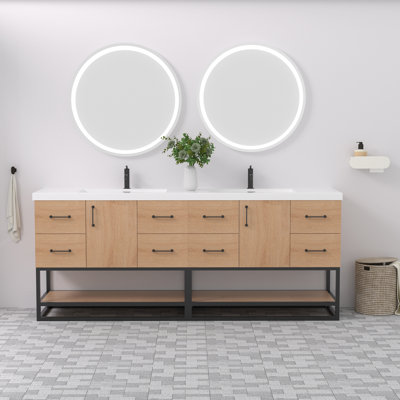 84" Freestanding Double Bathroom Vanity With Resin Sink Top And Black Metal Frame
