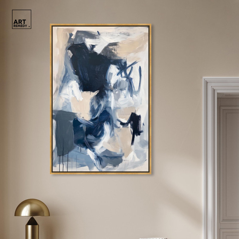 «Windswept Blue II», art abstrait bleu par Art Remedy, H 25 po x l 17 po, Cadre doré
