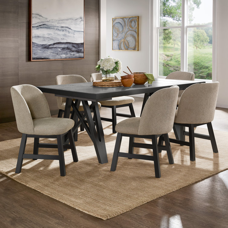 Cipolla 72"-90" Wood Finish Extendable Dining Set - Dining Table With Leaf And Taupe Fabric Curved Back Chairs