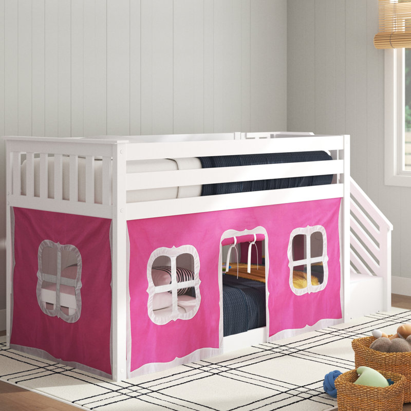 Harjeet Kids Twin Over Twin Bunk Bed, White, Pink
