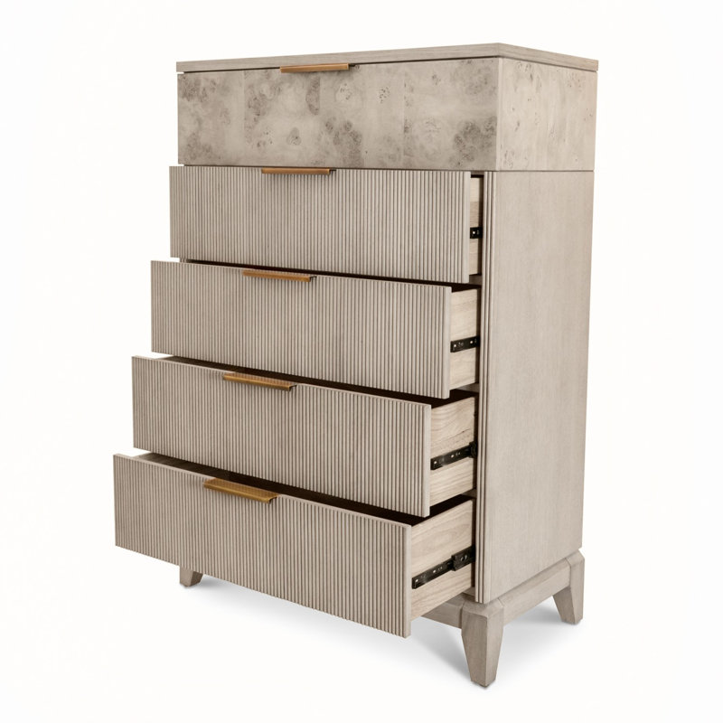 Commode 5 tiroirs Amsden - Finition rose cendré, Crème