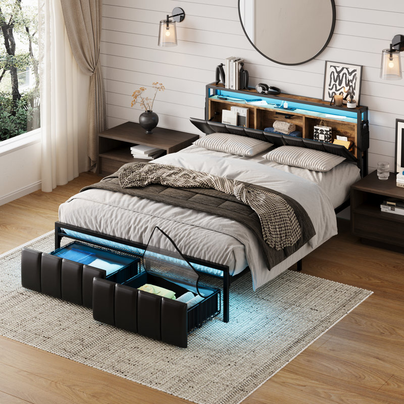 Brisna Vegan Leather Platform Bed, Black/Brown, Queen