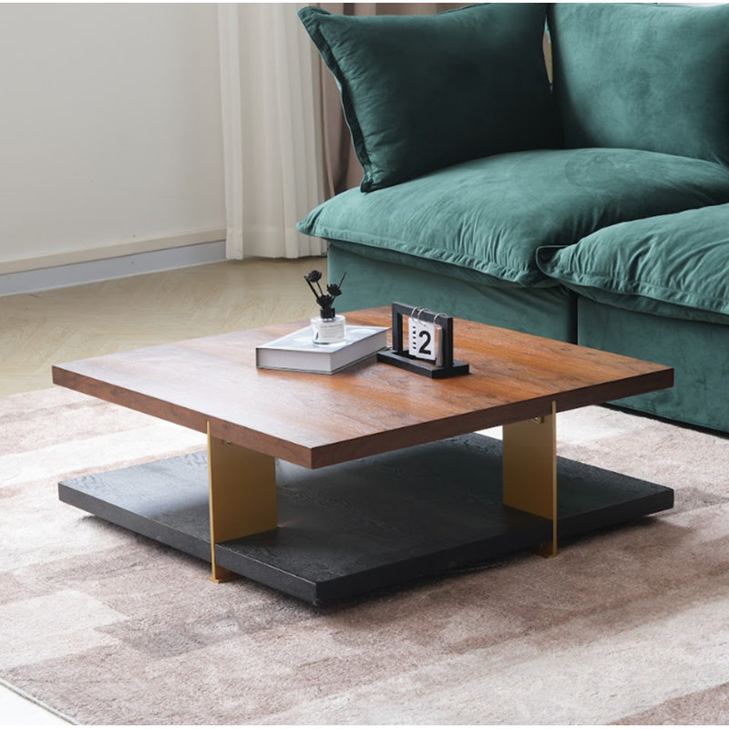 Table carrée moderne minimaliste et créative à double couche avec pieds en métal doré, table basse en bois massif, table d'appoint supérieure de couleur noyer noir.