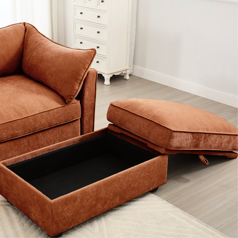Fauteuil en L en forme de L 3 places en chenille orange, avec coussins amovibles, en forme de croissant, enveloppants et tiroirs de rangement, pour chenille nordique avec coussins en forme de croissant