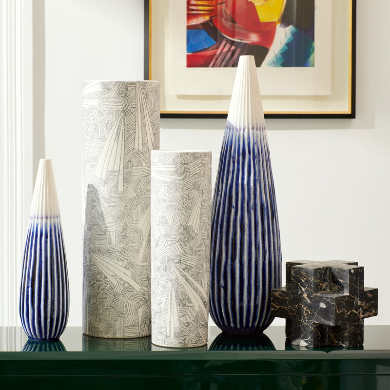 Furrow Handmade Ceramic Table Vase, 14" H x 4" W x 4" D, Deep Blue
