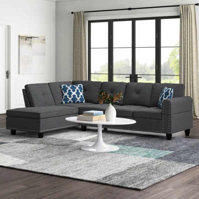 Canapé modulaire en L gris anthracite à 3 places avec porte-gobelet pour soirées cinéma / cinéma, livré avec deux coussins décoratifs et rangement, structure en bois massif enveloppée de similicuir neutre, coussins en mousse à la main