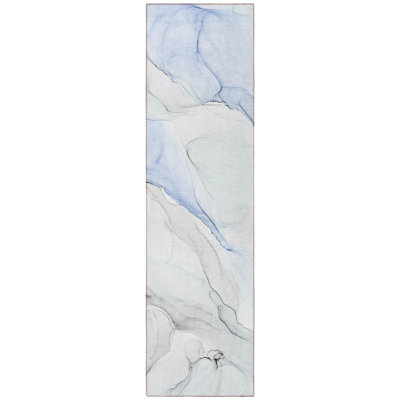 8' Runner Ivory Blue and Gray Abstract Washable Non Skid Indoor Outdoor Runner Rug